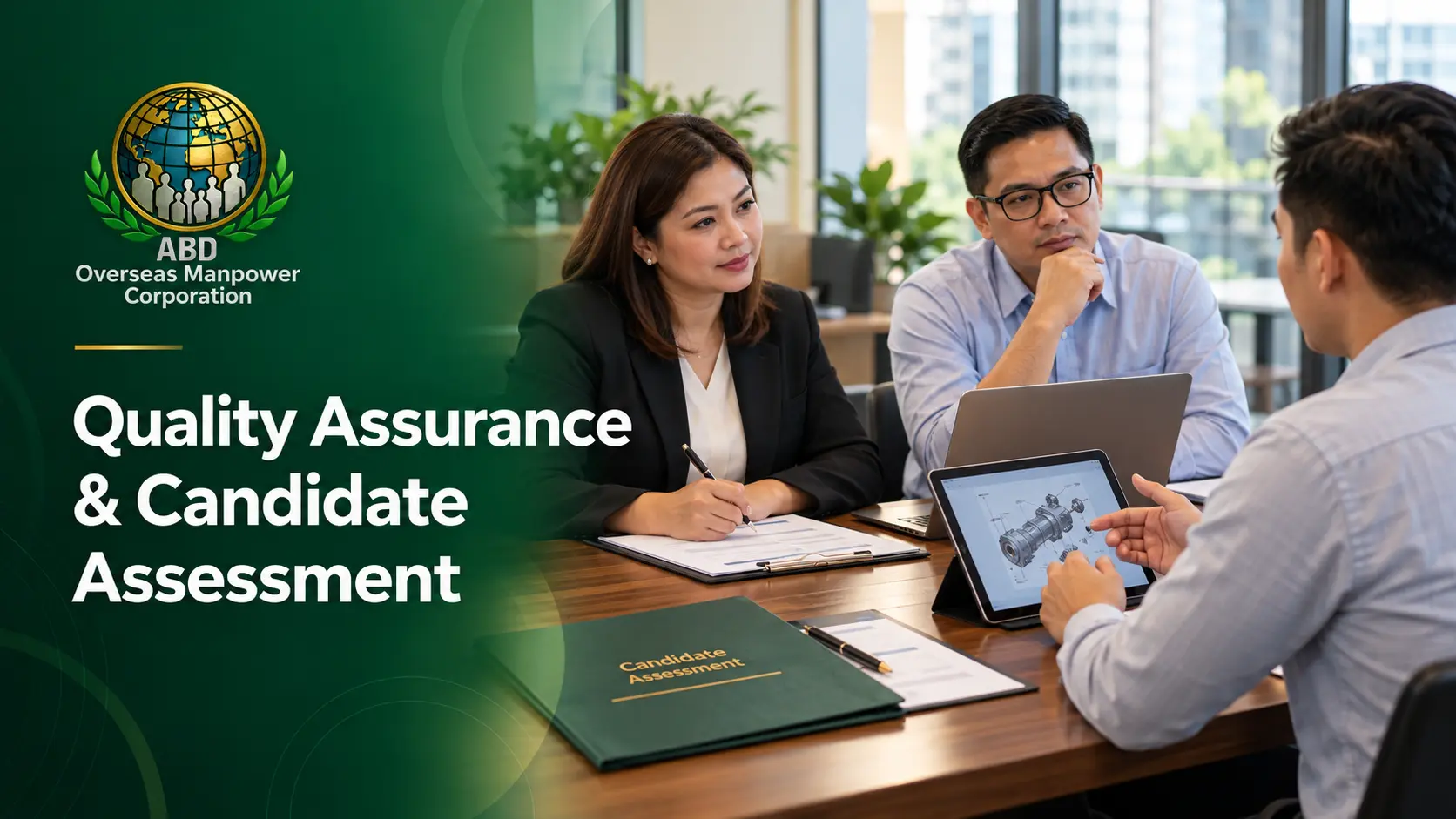 Quality assurance and candidate assessment illustration showing evaluators reviewing a candidate’s technical work sample.