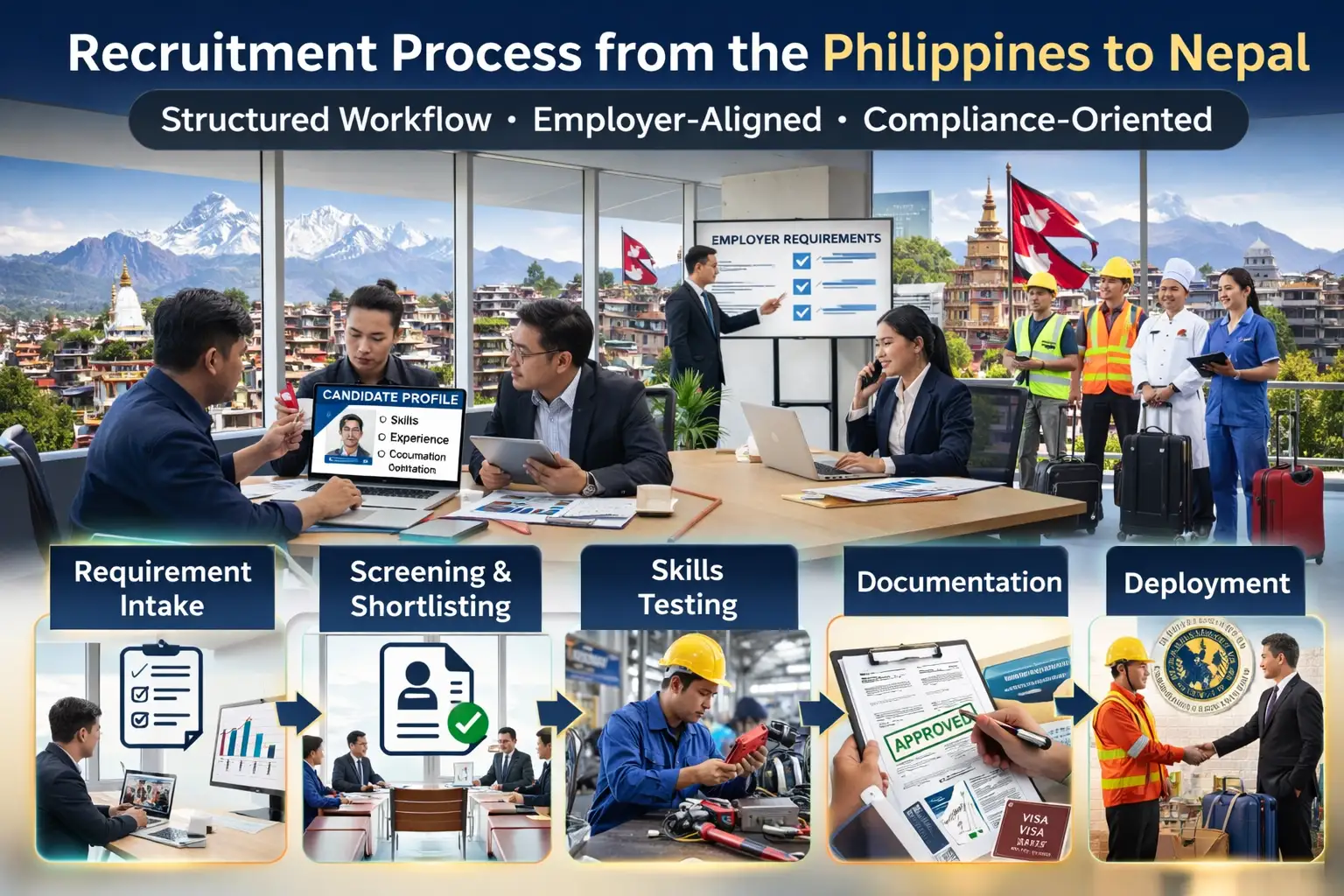 Recruitment coordination workflow from the Philippines to Nepal for employer manpower requirements