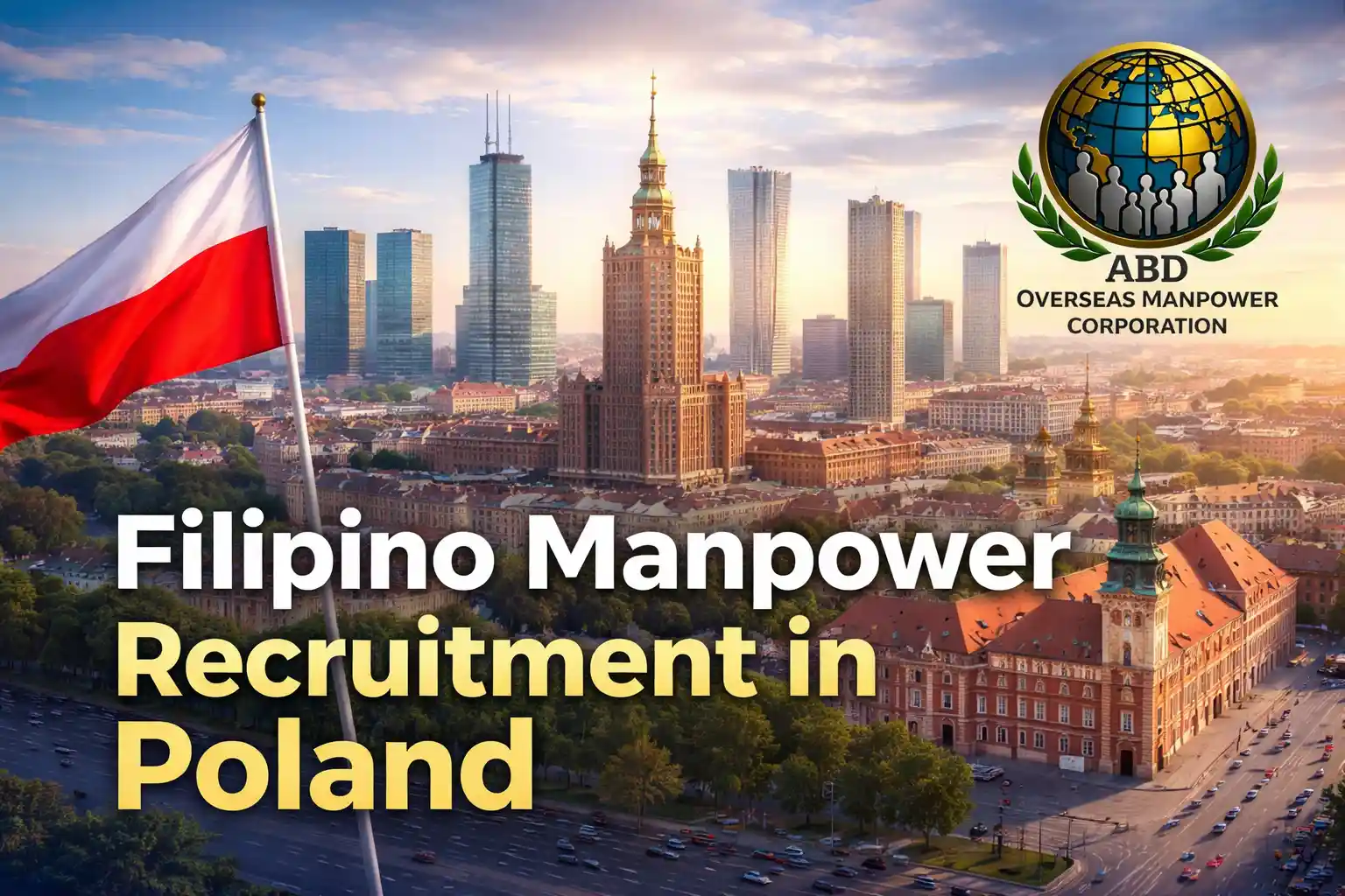 Filipino manpower recruitment in Poland featured image showing Warsaw skyline and Polish flag, representing employer-focused overseas workforce solutions by ABD Overseas Manpower since 1990.