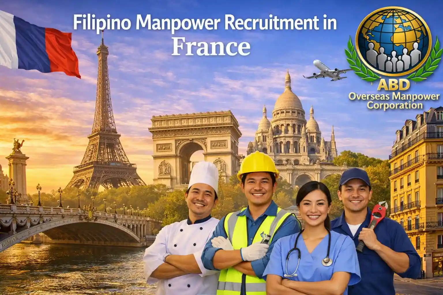Filipino manpower recruitment in France featured image showing Filipino professionals in front of Paris landmarks with the ABD Overseas Manpower logo.