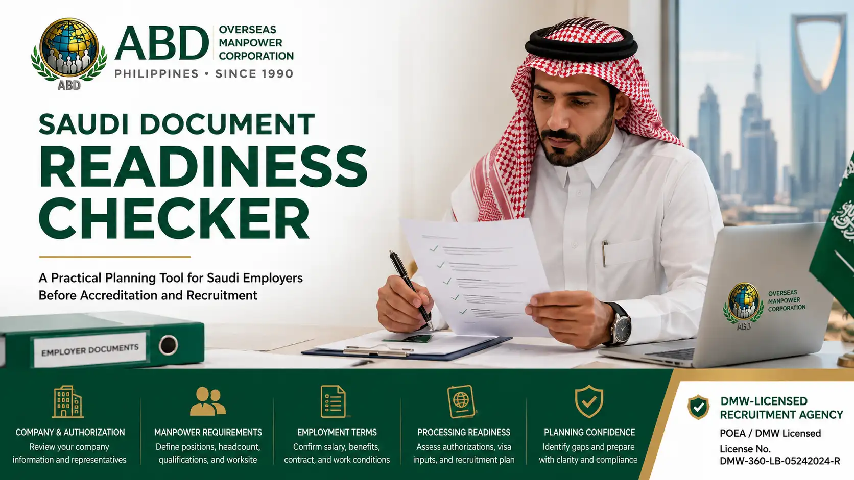 Saudi employer reviewing document readiness for Filipino manpower recruitment with ABD Overseas Manpower