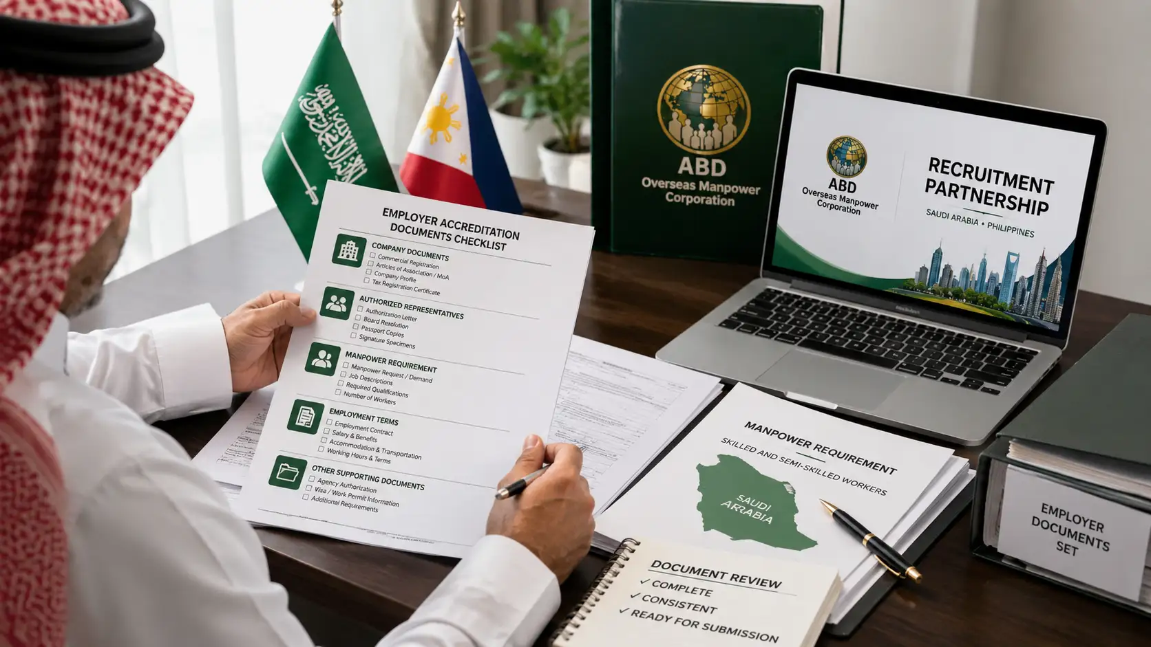 Saudi employer accreditation in the Philippines with company and manpower documentation under review