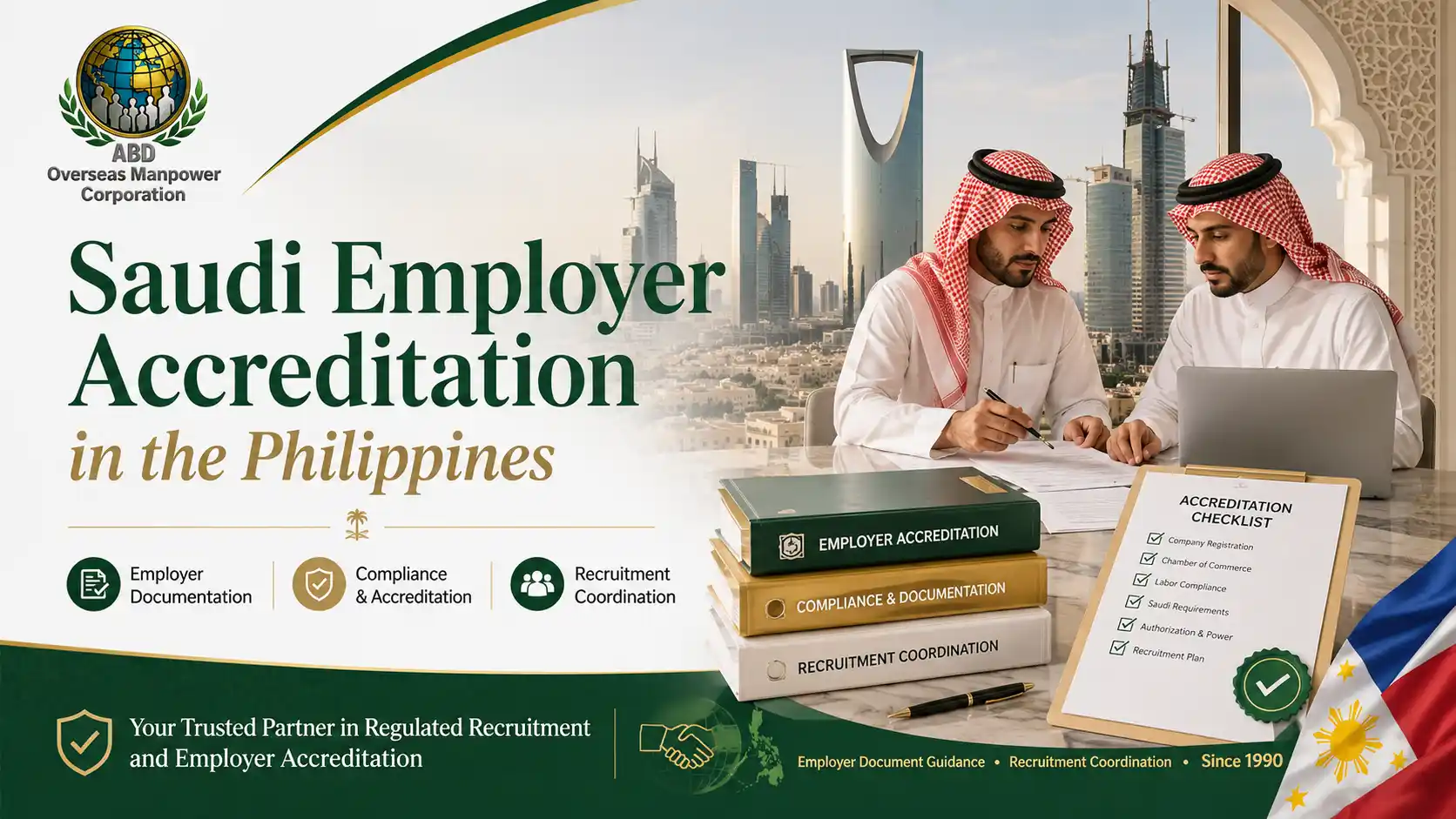 Saudi employer reviewing Philippine recruitment accreditation requirements with ABD Overseas Manpower