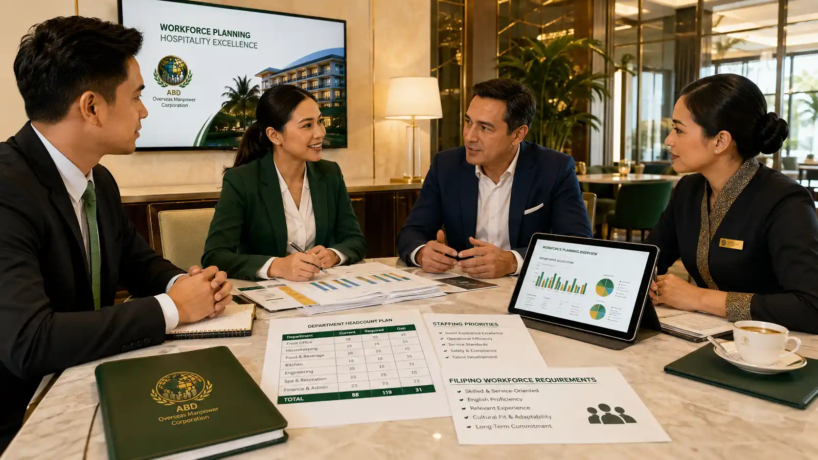 Hospitality employer and ABD reviewing department headcount, staffing priorities and Filipino workforce requirements