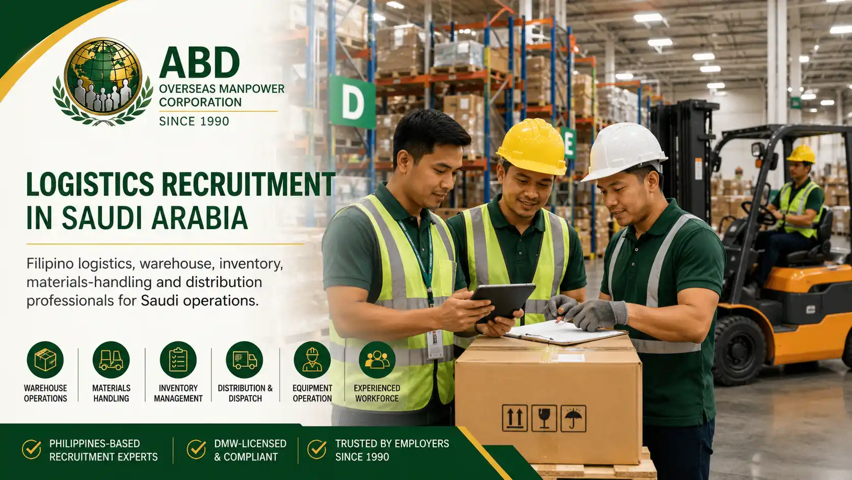 Saudi logistics employer coordinating Filipino warehouse, distribution and supply-chain workforce recruitment with ABD Overseas Manpower