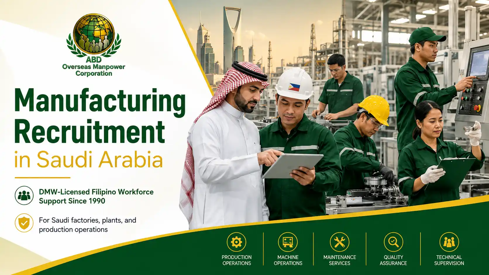 Saudi manufacturing employer coordinating Filipino production, technical and industrial workforce recruitment with ABD Overseas Manpower