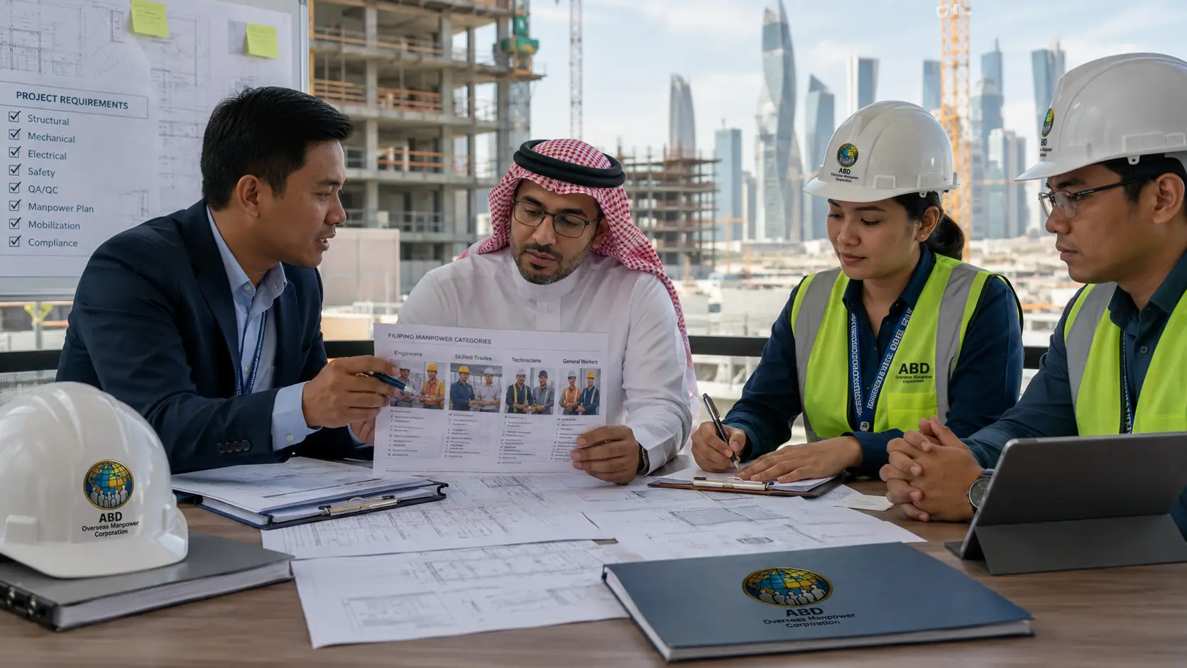 Saudi construction employer and ABD reviewing Filipino manpower categories, project requirements and recruitment documents