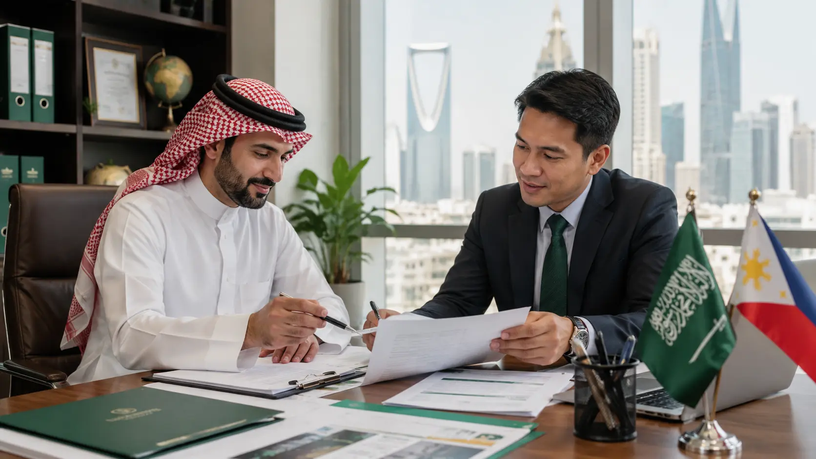 Saudi employer and ABD recruitment representative reviewing company documents for Filipino manpower recruitment