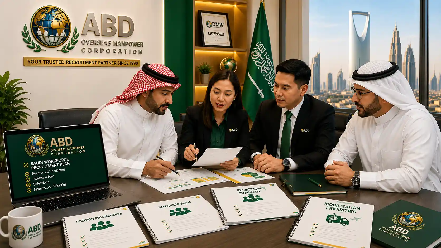 Saudi employer and ABD recruitment team reviewing workforce documents, interviews, selections and mobilization priorities