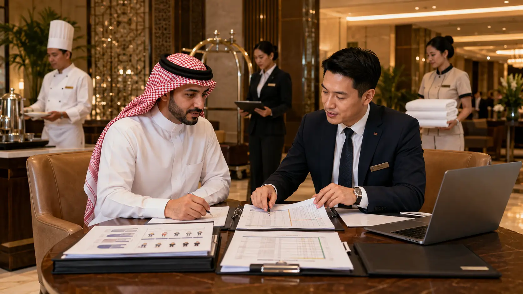 Saudi hospitality employer and ABD reviewing Filipino hotel departments, service standards, headcount and recruitment records