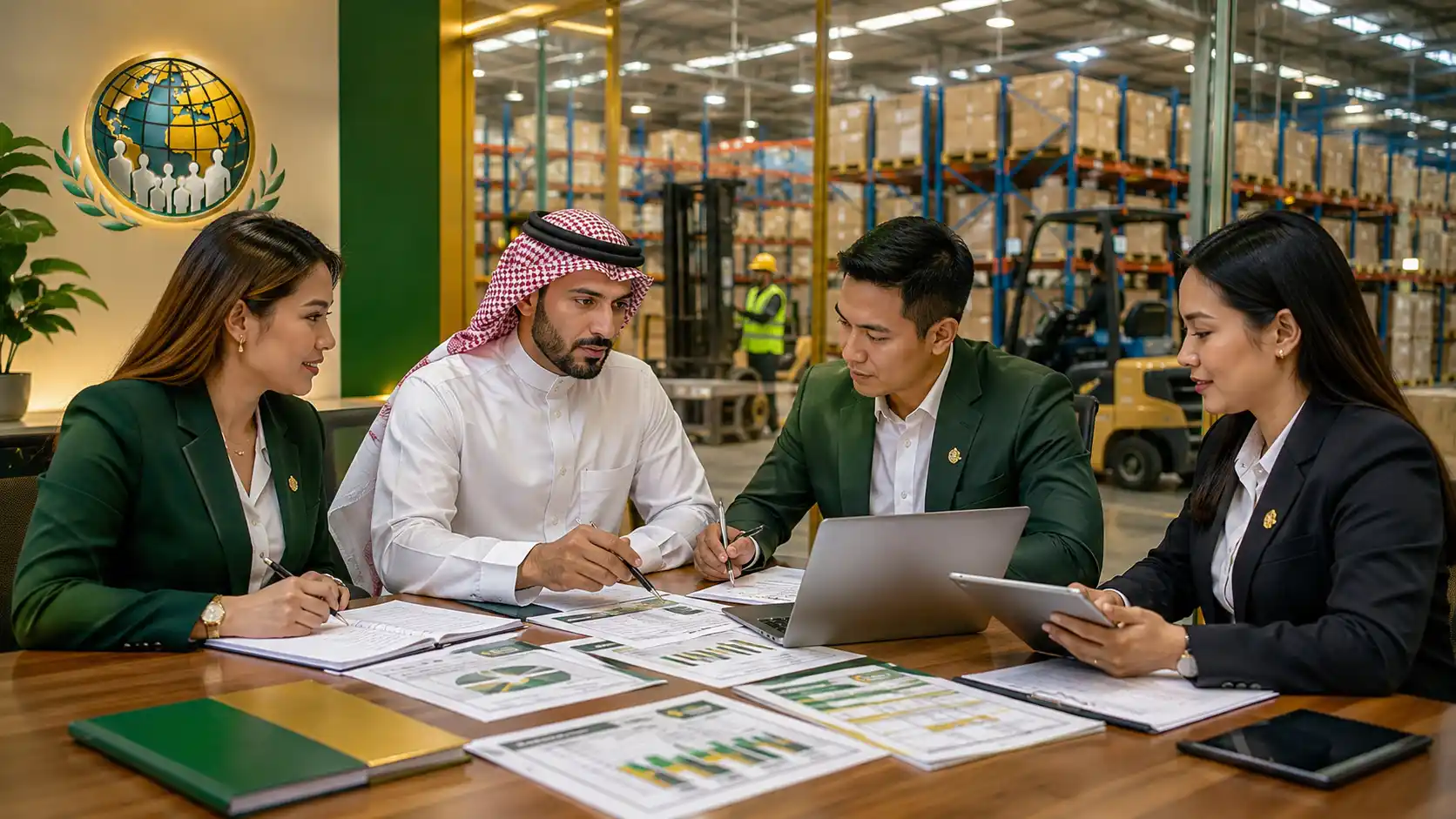 Saudi logistics employer and ABD reviewing warehouse departments, headcount, equipment requirements and recruitment records