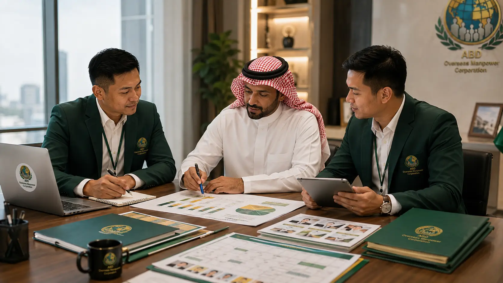 Saudi employer and ABD recruitment team planning manpower processing costs and mobilization priorities