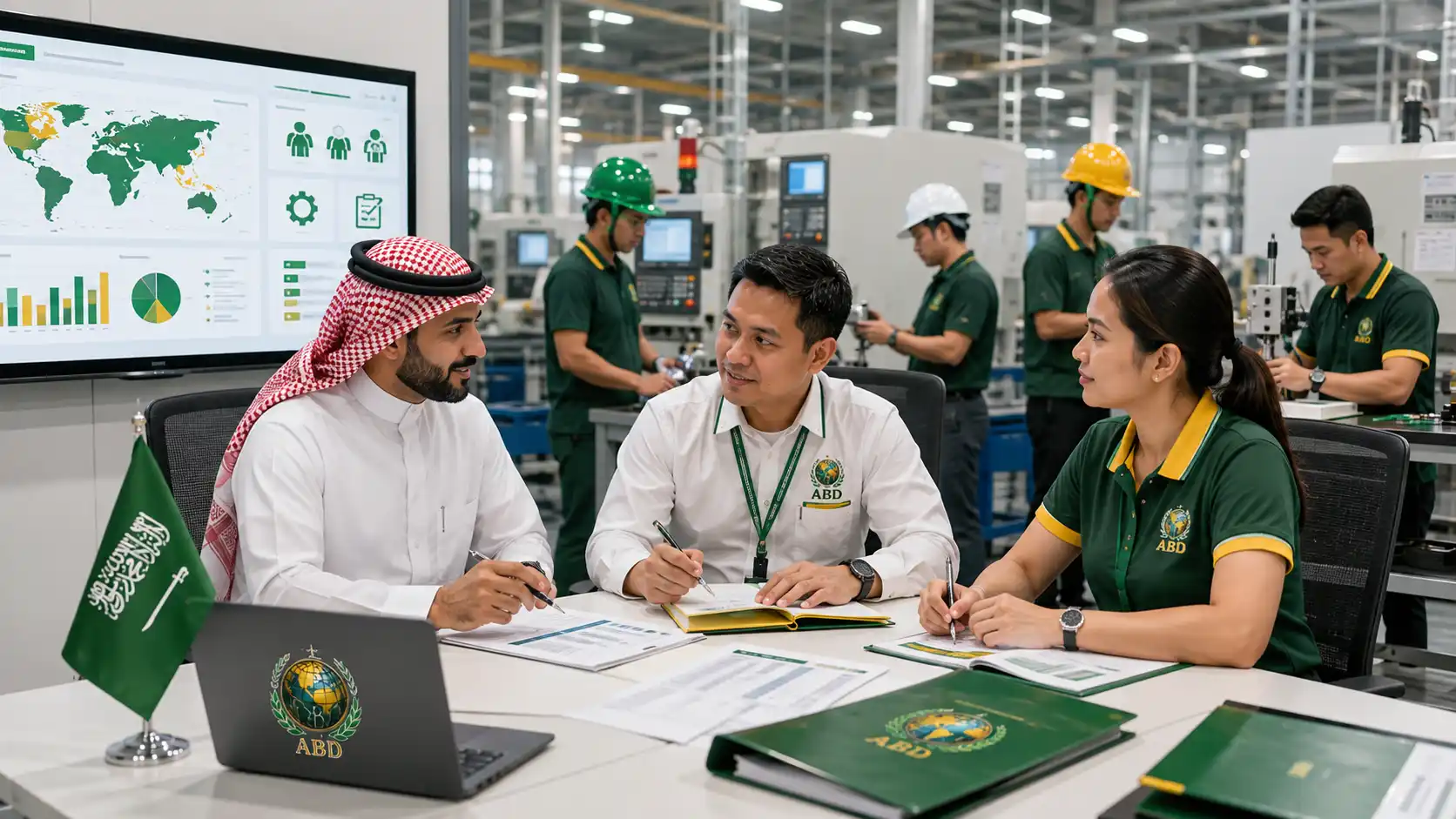 Saudi manufacturing employer and ABD reviewing production departments, technical requirements, headcount and recruitment records