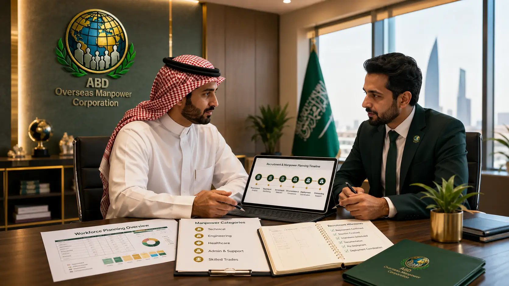 Saudi employer reviewing Filipino manpower recruitment timeline with ABD Overseas Manpower