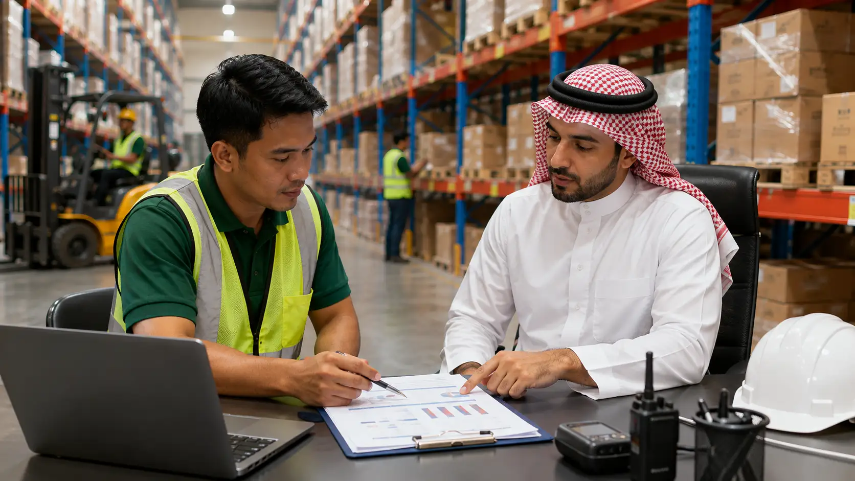 Saudi warehouse employer and ABD reviewing departments, headcount, shift coverage, inventory duties and staffing requirements