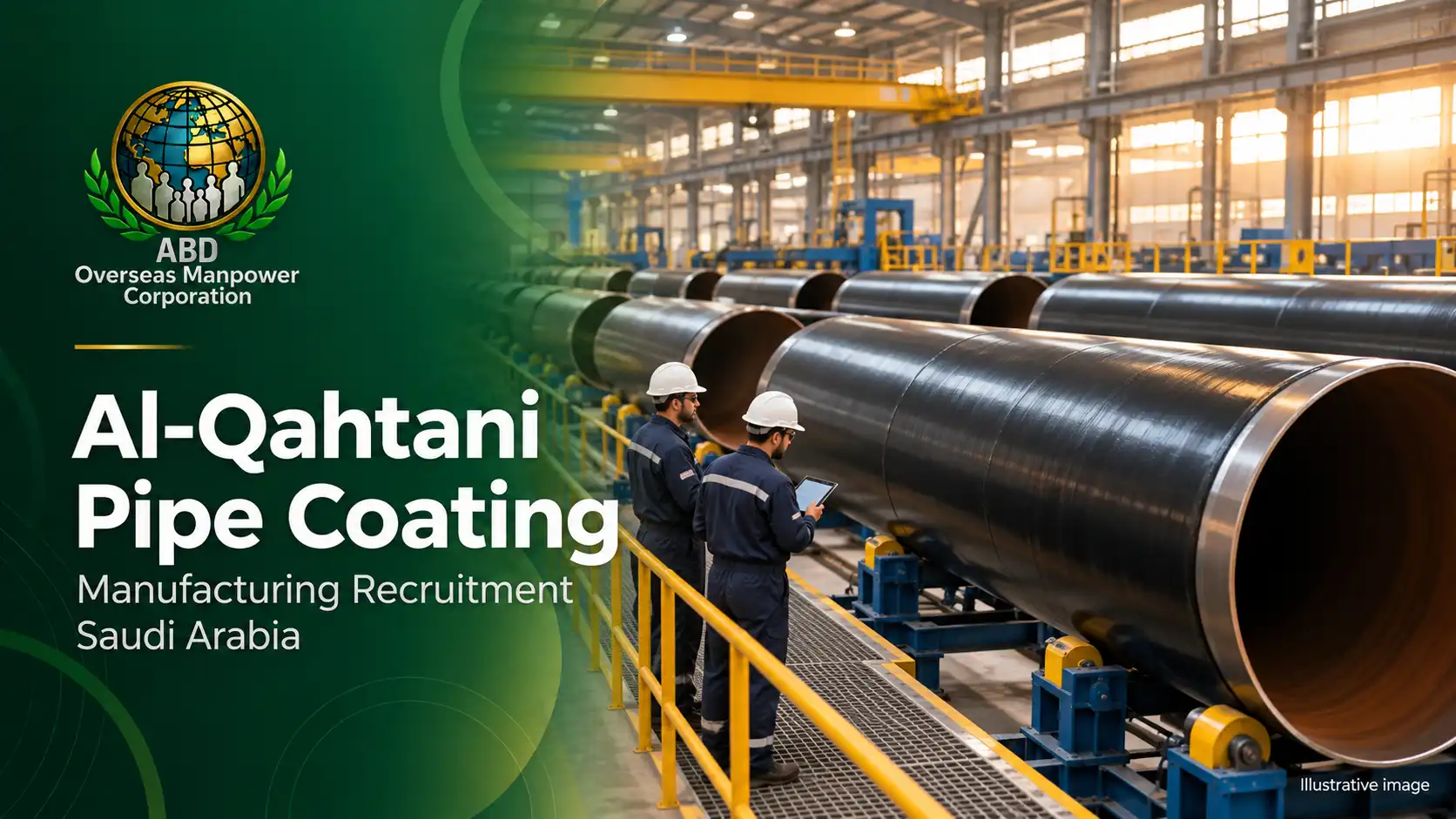 Illustrative pipe manufacturing scene with technicians inspecting large steel pipes, for the Al-Qahtani recruitment case study.