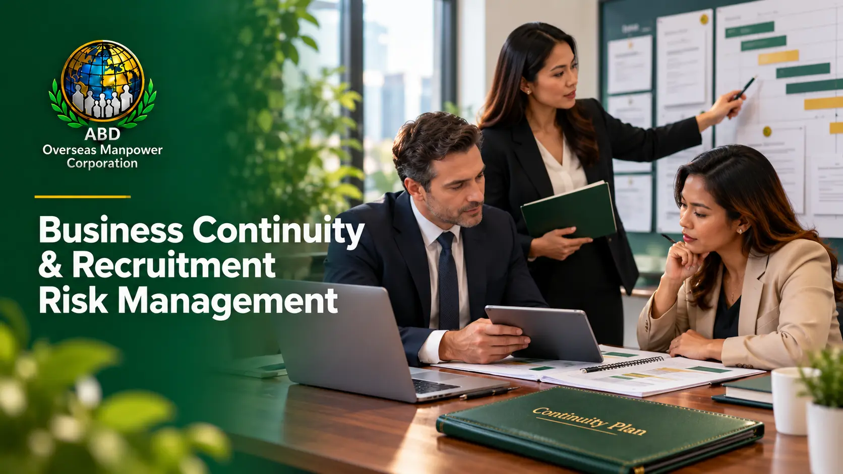 Business continuity and recruitment risk management illustration showing professionals reviewing schedules and contingency plans.
