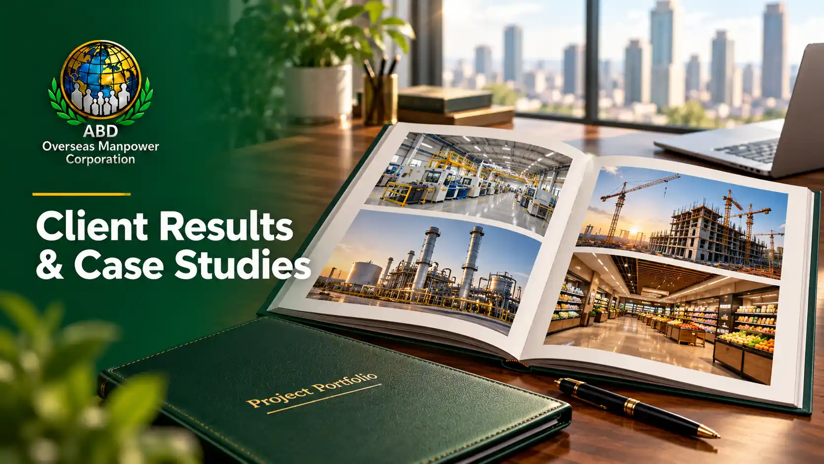 Client results and case studies concept showing a portfolio of manufacturing, power, construction, and food retail imagery.