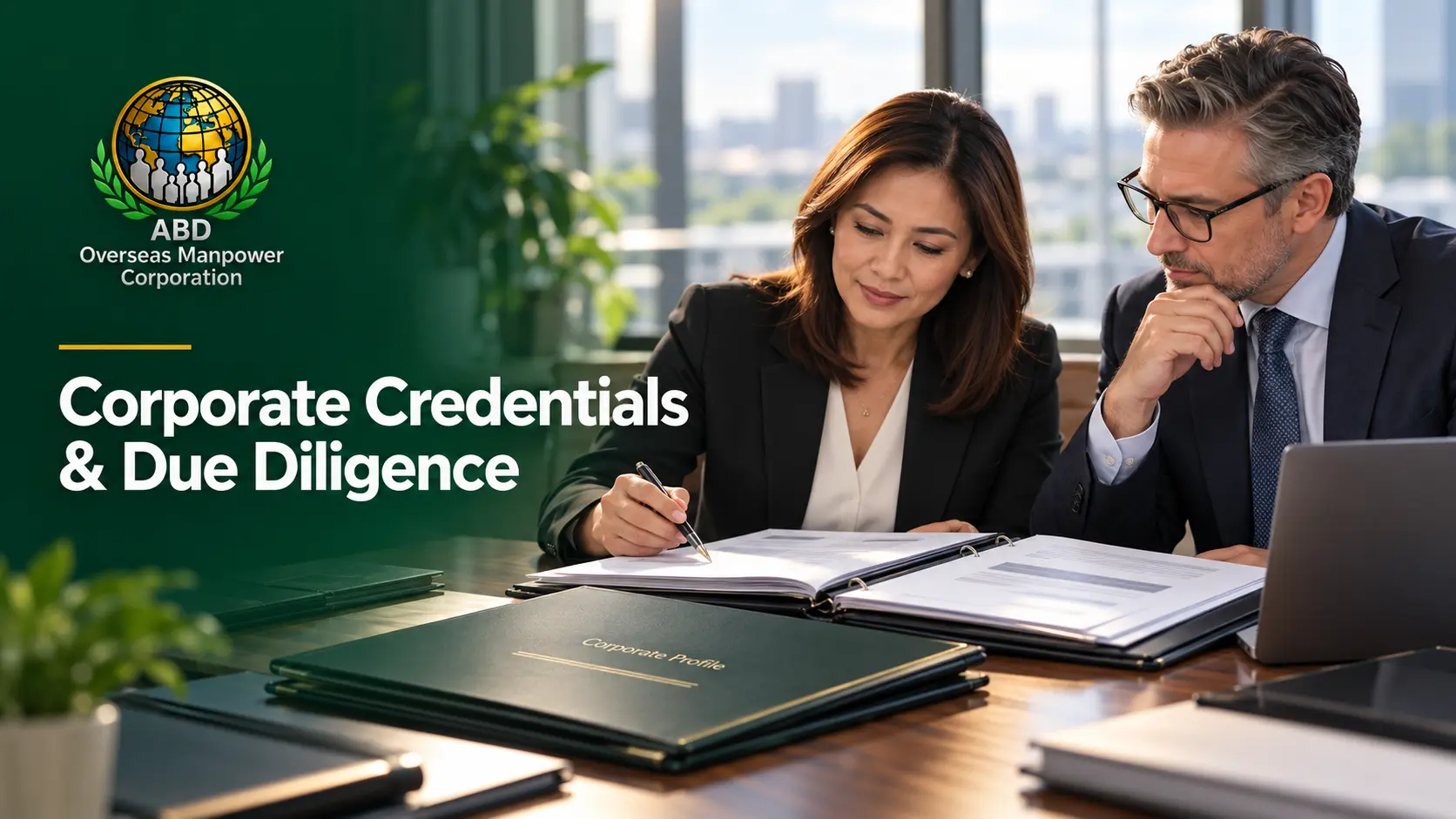 Corporate credentials and due diligence illustration showing two executives reviewing company documents.
