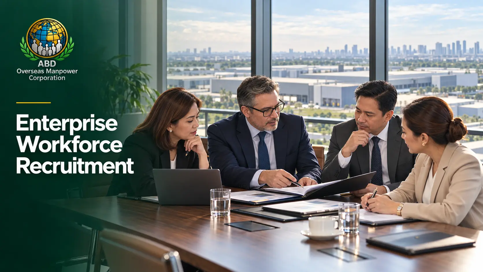 Enterprise workforce recruitment concept showing corporate leaders reviewing workforce plans in a boardroom.