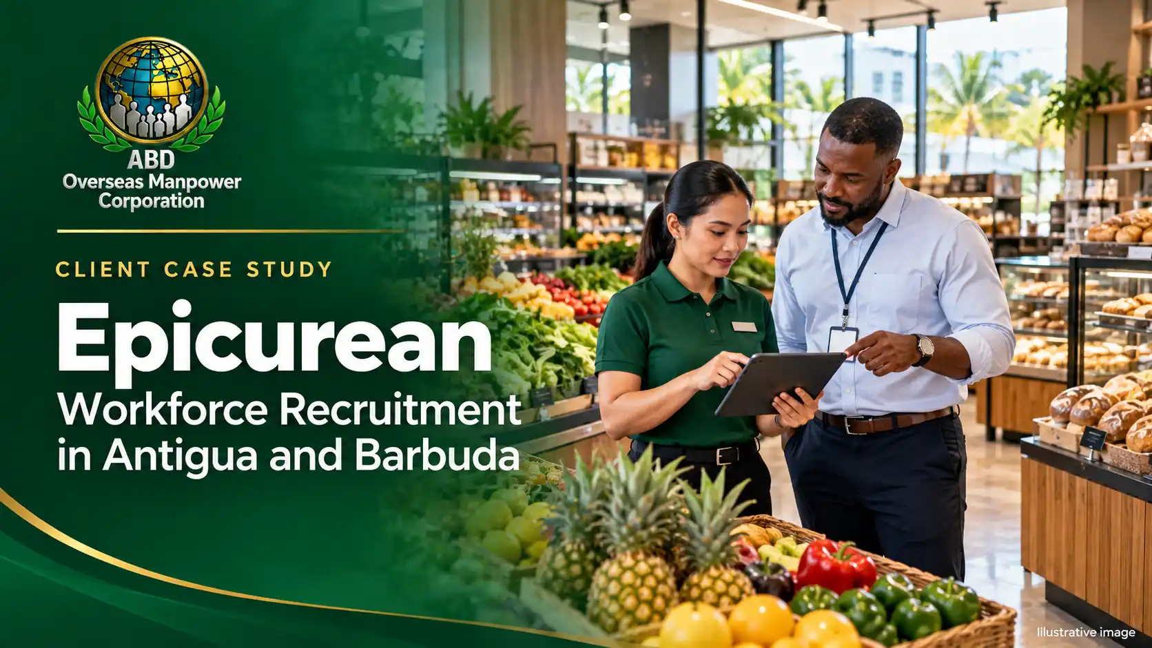 Illustrative supermarket scene with two retail professionals reviewing a tablet beside fresh produce, with ABD branding.