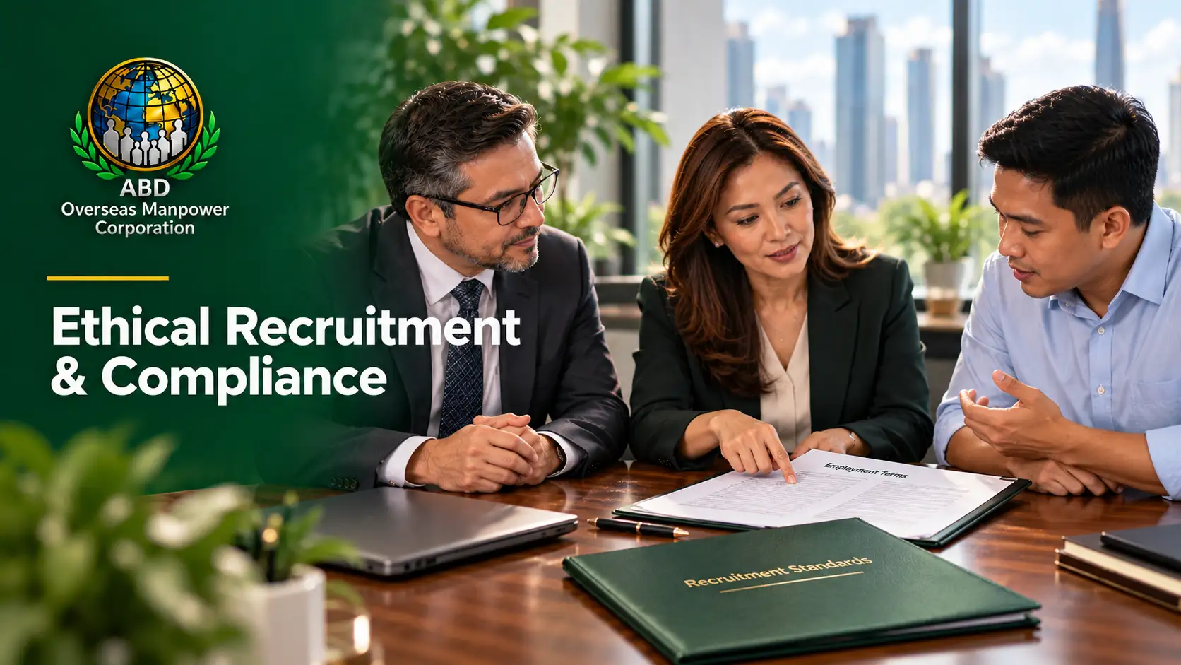 Ethical recruitment and compliance illustration showing three people discussing employment terms and recruitment standards.