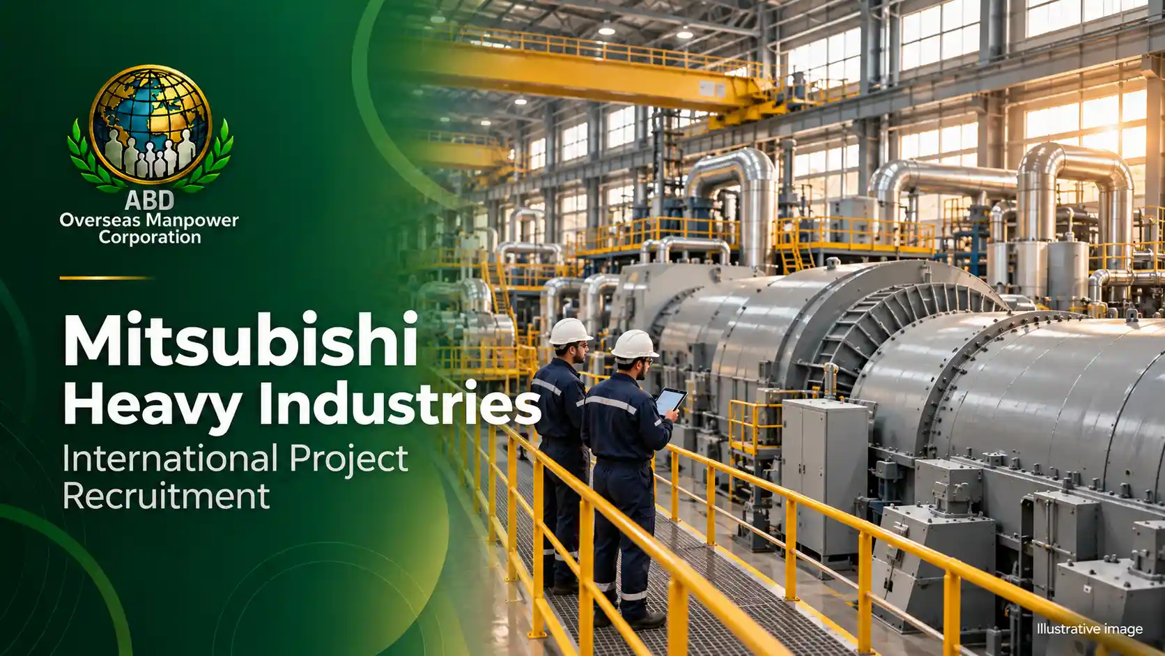 Illustrative turbine hall with engineering personnel, created for the Mitsubishi Heavy Industries recruitment case study.