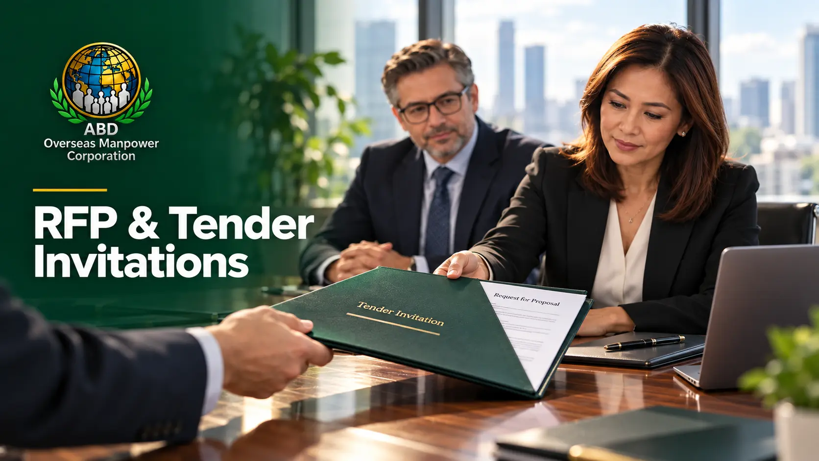 RFP and tender invitations illustration showing business professionals exchanging a tender document.