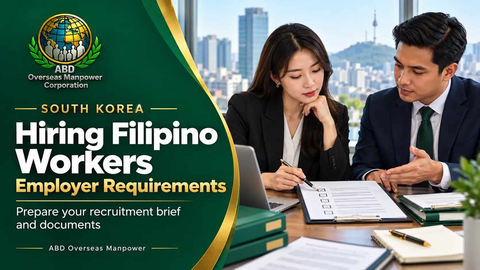 South Korea employer requirements — HR manager and recruitment consultant reviewing a recruitment checklist and documents