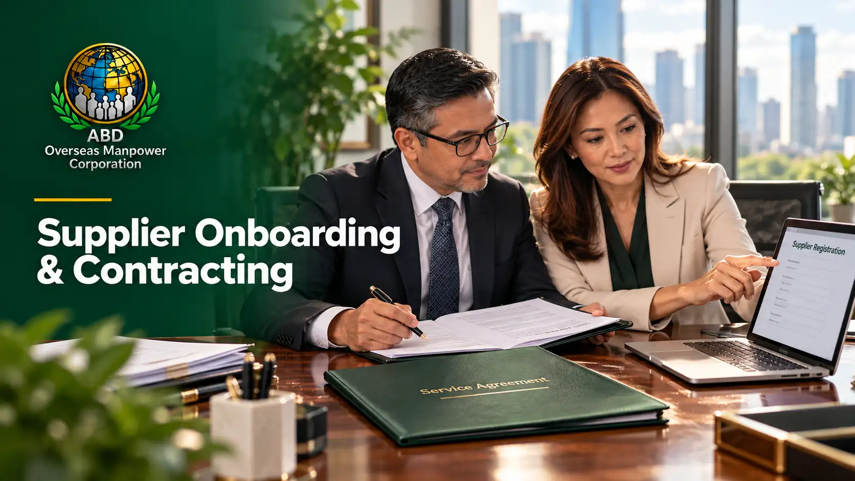 Supplier onboarding and contracting illustration showing professionals reviewing registration and service agreement documents.