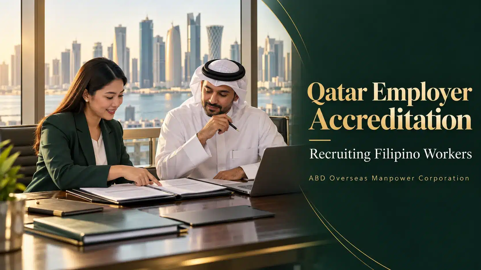 Qatar employer and Philippine recruitment representative reviewing recruitment documents in a Doha office.