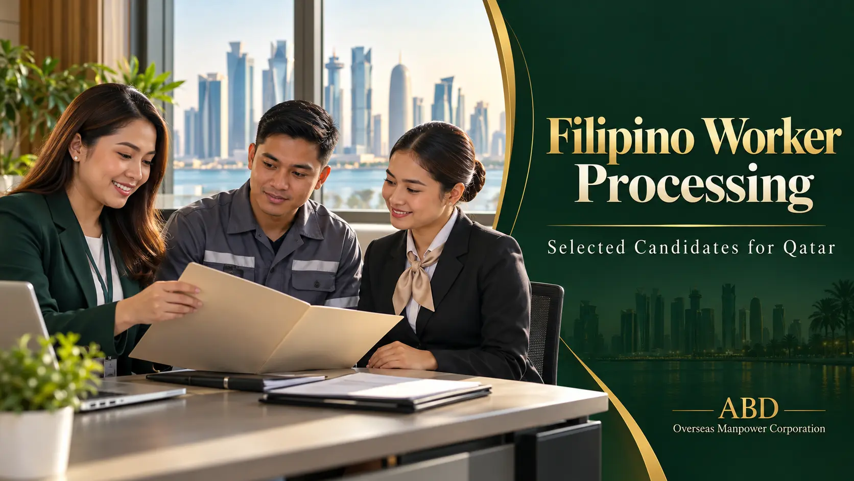 Recruitment coordinator reviewing a candidate folder with Filipino technical and hospitality professionals.