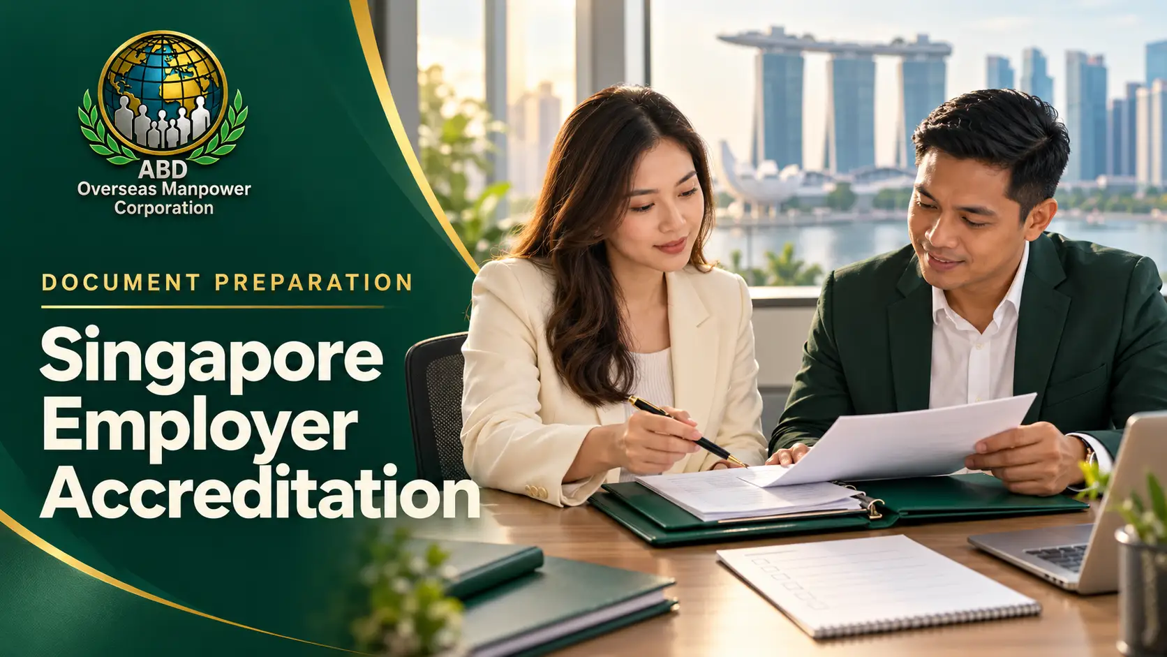 Illustration of two business professionals reviewing employer-accreditation paperwork.
