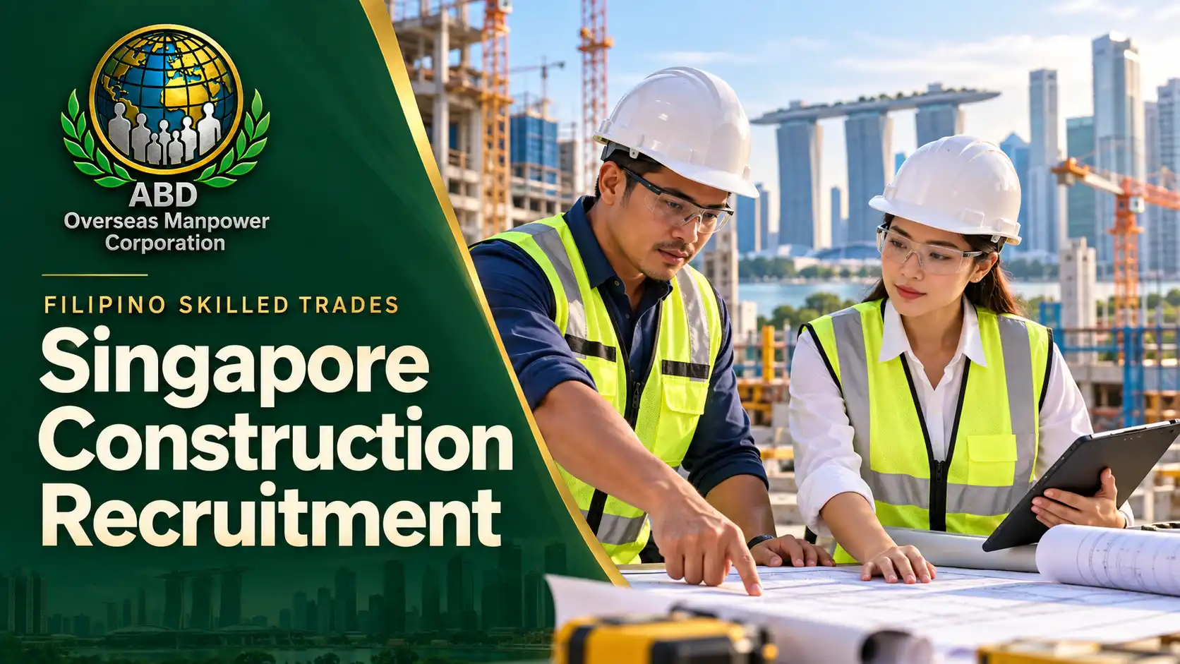 Illustration of two construction professionals wearing protective equipment and reviewing building plans.