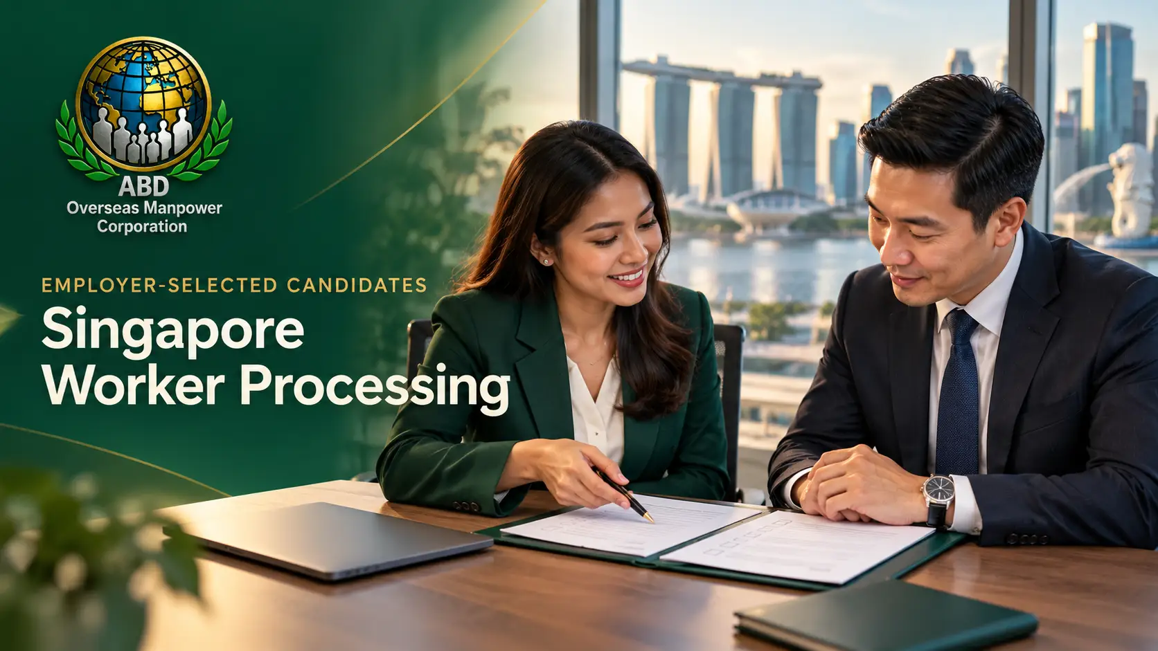 Illustration of an employer and recruitment consultant reviewing worker-processing documents.