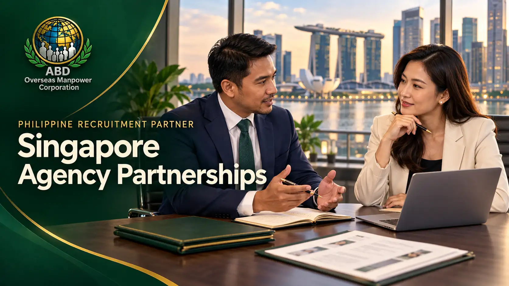 Illustration of two recruitment professionals discussing a partnership at an office table.
