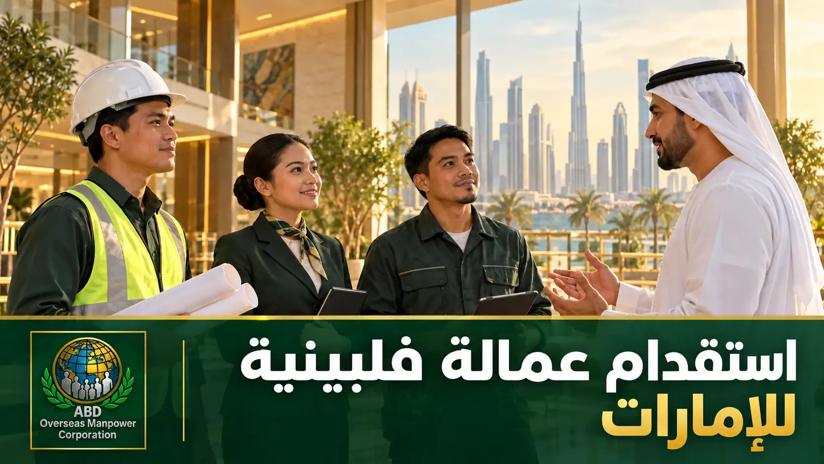 صاحب عمل إماراتي يناقش متطلبات التوظيف مع مجموعة من العمال الفلبينيين.