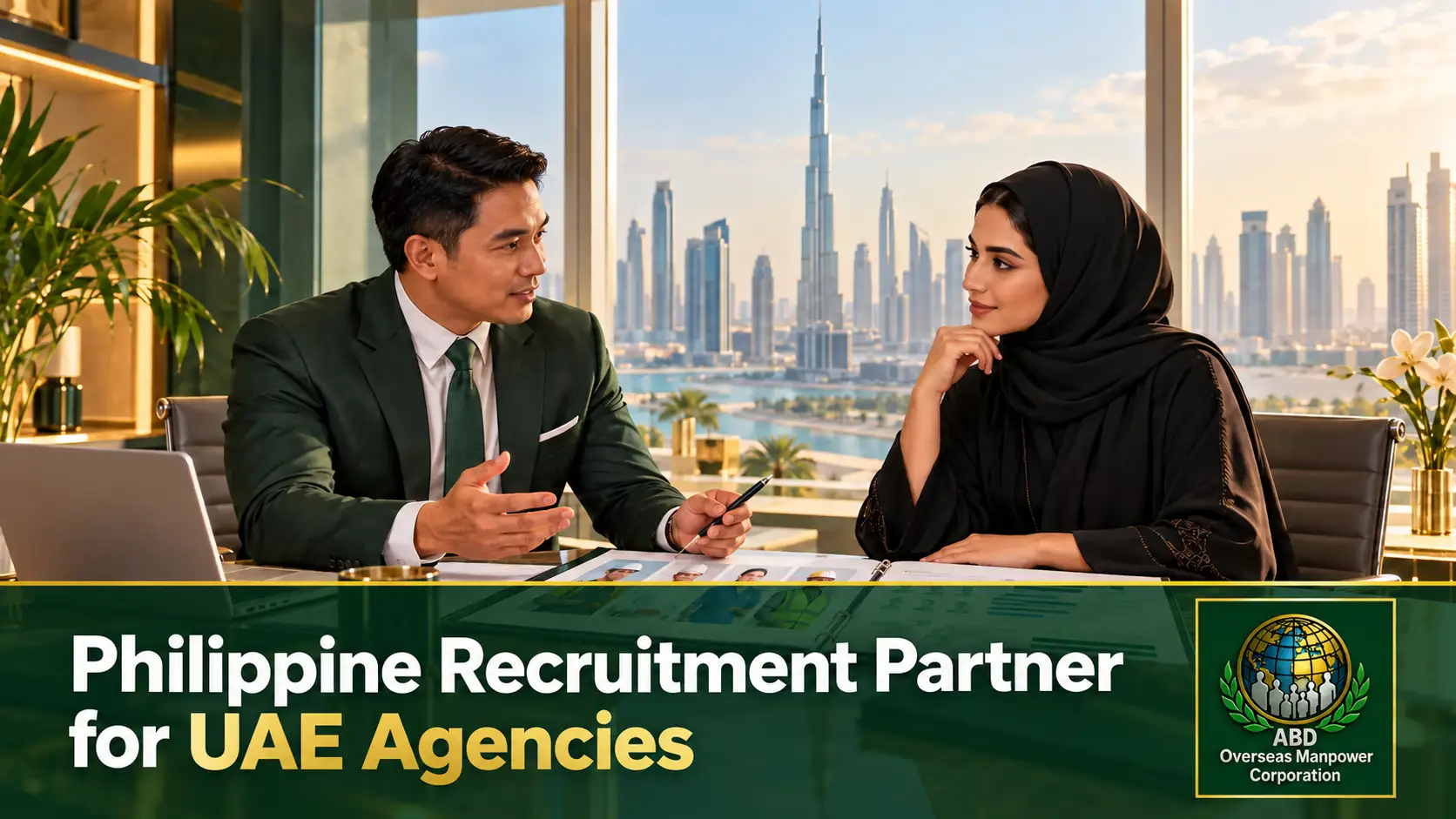 Philippine and UAE recruitment representatives discussing an agency partnership.