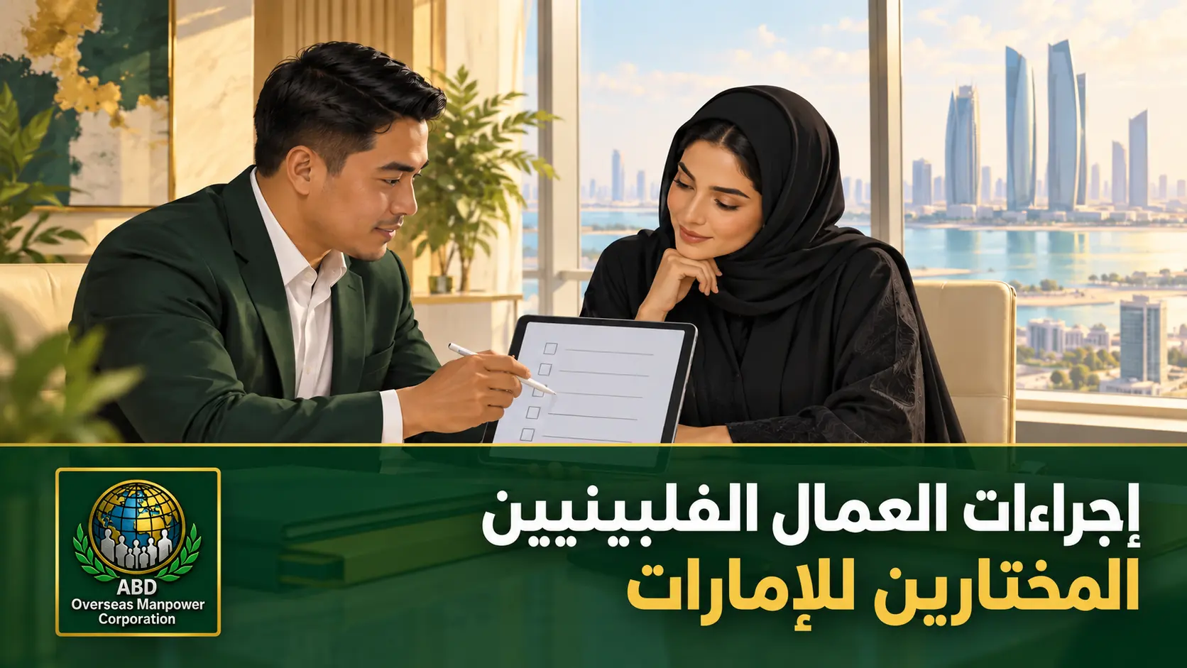 ممثل توظيف وصاحبة عمل يراجعان متطلبات إجراءات العمال الفلبينيين المختارين للعمل في الإمارات.