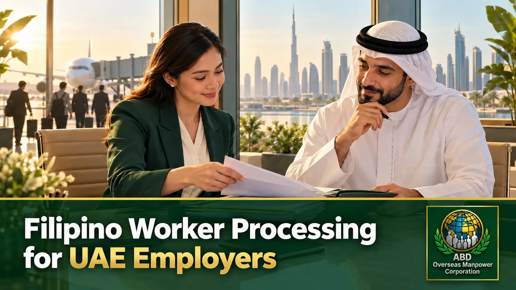 Employer and recruitment coordinator reviewing documents for processing selected Filipino workers for the UAE.